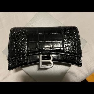 Balenciaga Hourglass wallet on chain croc embossed black